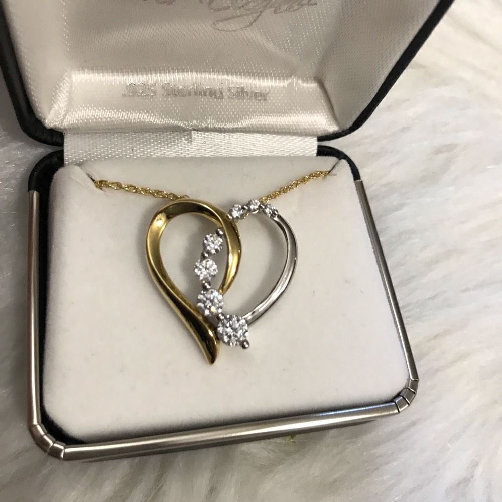 Silver Elegance 2-Tone Gold-Plated and Sterling Silver Cubic Zirconia Heart Pend